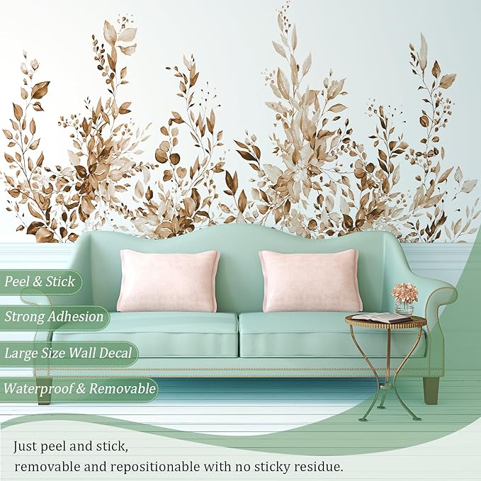 Brown Plants Leaves Wall Decals Peel and Stick, Large Floral Flowers Vinyl Wall Stickers, Removable Vine Home Decor Art for Bedroom Living Room Classroom Office