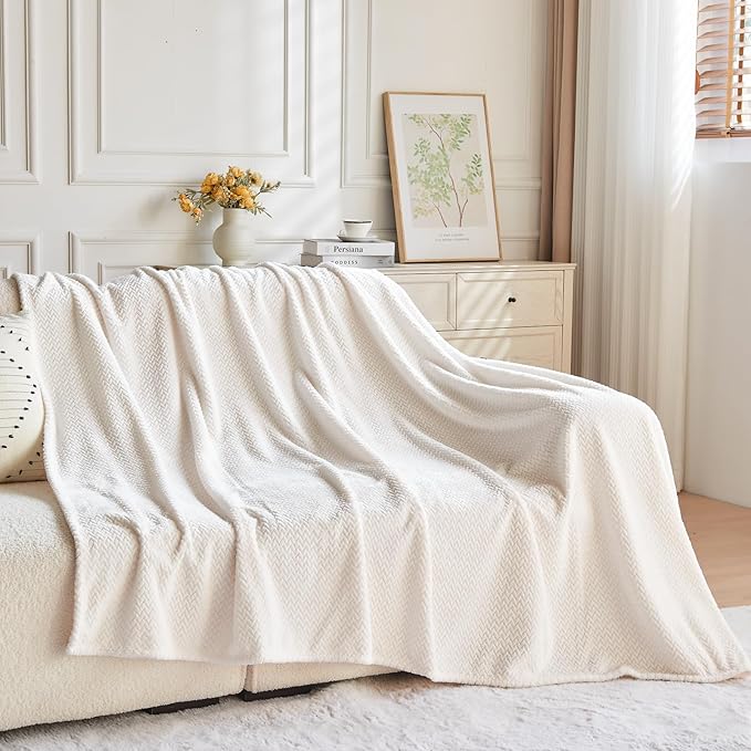 NEWCOSPLAY Super Soft Throw Blanket Ivory Premium Silky Flannel Fleece Leaves Pattern Lightweight Bed Blanket All Season Use (Ivory, Throw(40"x50"))