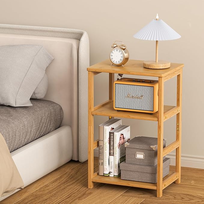 VASMIA End Table, 3-Tier Side Table with Storage Shelf, Bamboo Nightstand Bedside Table for Small Spaces, Bedroom, Living Room,Natural
