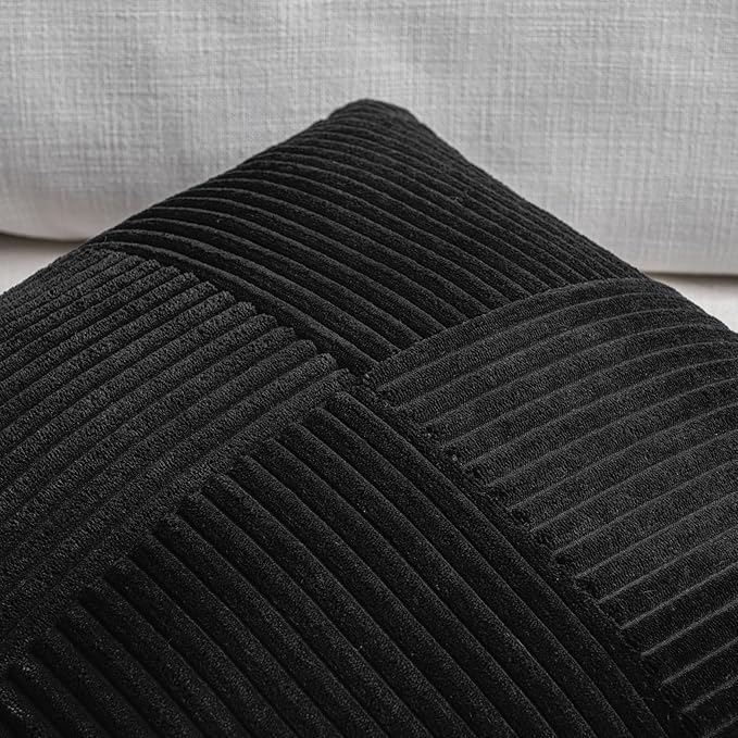 Fancy Homi 2 Packs Black Euro Decorative Throw Pillow Covers 28x28 Inch for Couch Bed Sofa, Rustic Farmhouse Boho Home Decor, Soft Corss Corduroy Patchwork Textured Square Cushion Case 71x71 cm