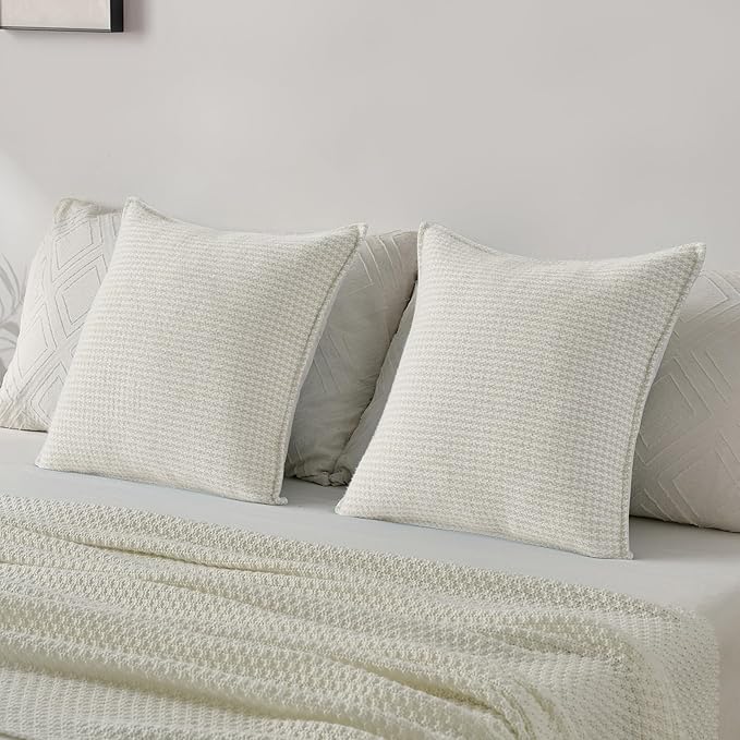 FUTEI Cream Decorative Throw Pillow Covers 26x26 Inch Set of 2,Soft Houndstooth Gingham Textured Euro Pillow Sham,Modern Home Decor for Couch Bed Living Room