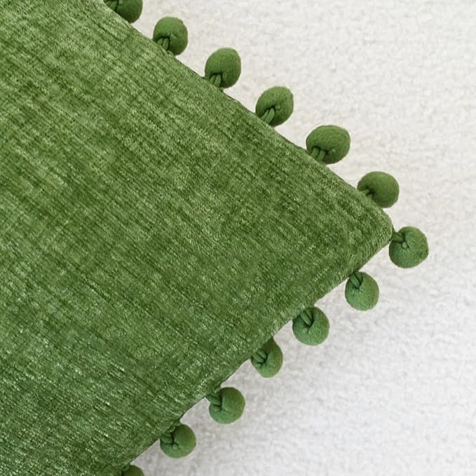 CaliTime Throw Pillow Covers Decorative 16 X 16 Inches Pack of 2 Cozy Solid Dyed Soft Chenille Cushion Cases with Pom Poms for Couch Sofa Bed Living Room Home Forest Green