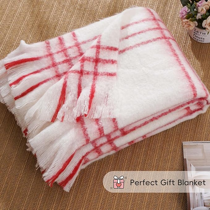 BATTILO Cream Plaid Throw Blanket for Couch Bed, Farmhouse Mohair Blankets Throws, Soft Cashmere Tartan Plaid Throws, Red Christmas Stripe Throw Blankets for Home Decor(50"x60")