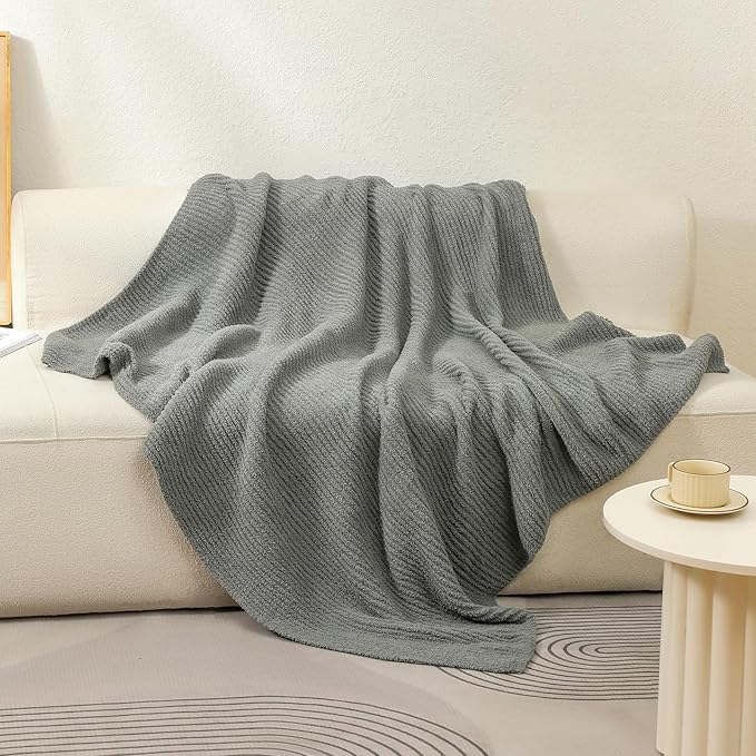 bearberry Soft Rib Knit Blanket Thin Warm & Breathable - Snuggly Minky Throw for Everyday Use, Travel, Chair | All-Season Machine Washable for Couches, Gifts, Family (Grey, 50”x60”)