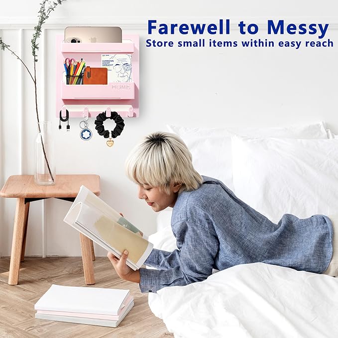 Bedside Shelf Wall Mount,Floating Bedside Adhesive Shelves Accessories,Wall Shelf Organizer and Storage for Bedroom,Camper,Dorm,Apartment-Phone,Earphone,Kindle,Remote Holder,Cable Clip,4 Hooks-Pink