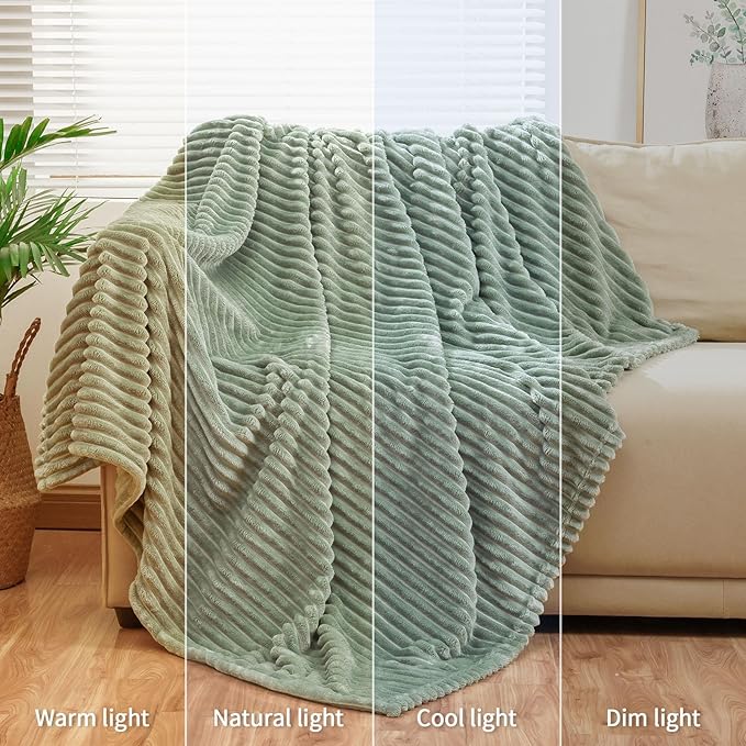 Bnuitland Sage Green Fleece Throw Blanket 90"x90",300GSM Soft Cozy Warm Lightweight Stripe Pattern for Bed Sofa Home Decor,Suitable for Adults Family All Season