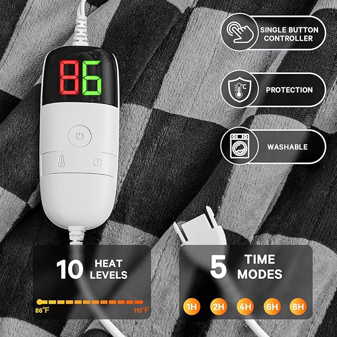 Heated Electric Blanket Twin Size, 62X84 Heating Blanket with 10 Heat Level & 8 Hours Auto Off, Black Gray Checkered Plaid Soft Fleece Sherpa Blankets Warmer Gifts for Couch Grandma Women Adults