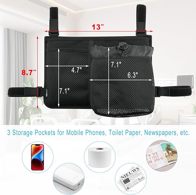 Beautyflier Folding Steel Bedside Commode Chair Hanging Bag, Bedside Commode Chair Armrest Organizer, Portable Toilet Chair Accessories, for Storage Toilet Paper, Mobile Phones (Bag Only)