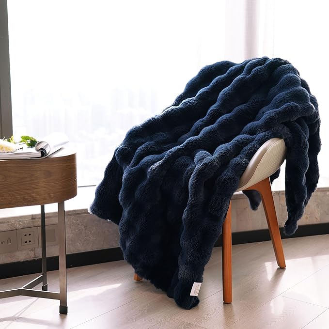 DREAMNINE Super Soft Thick Bubble Faux Rabbit Fur Throw Blanket for Couch 50" x 60", Reversible Plush Warm Winter Fluffy Blankets, Decorative Cute Cozy Bubble Furry Blanket for Bedroom Sofa, Navy Blue