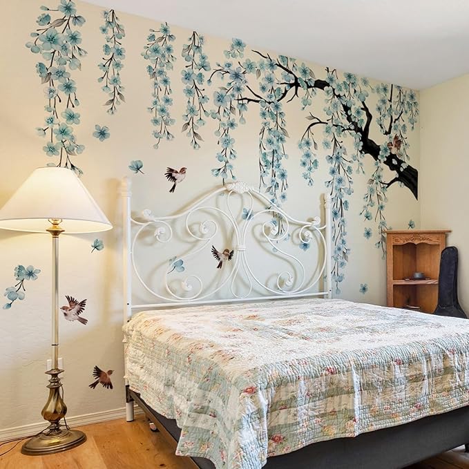 Large Cherry Blossom Tree Wall Stickers,4 Sheets Spring Blue Flower Bird Wall Decals Peel and Stick Waterproof Wall Murals Decor for Living Room Bedroom (Blue, 11.8 * 35.4inch)
