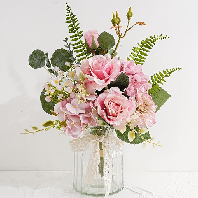 LUEUR Fake Flowers with Vase – Artificial Pink Dahlia & Hydrangea Arrangement, Spring Floral Centerpiece for Coffee Table, Dining Room, Living Room & Farmhouse Home Decor
