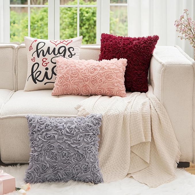 MIULEE 3D Rose Flower Pillow Covers Pack of 2 Decorative Spring Floral Romantic Stereo Chiffon Aesthetic Solid Pillowcase for Girl Bedroom Living Room Decor 16x16 Inch Grey
