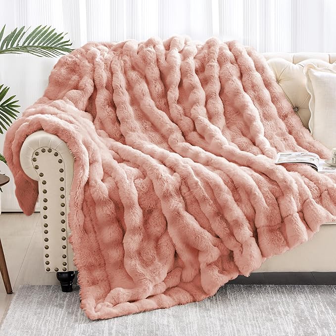 Luxury 1000GSM Faux Rabbit Fur Throw Blanket, Super Heavy Warm Cozy Blankets for Couch Bed Sofa, Bubble Plush Fuzzy Elegant Soft Reversible Mink Blanket for Living Room Bedroom, Pink