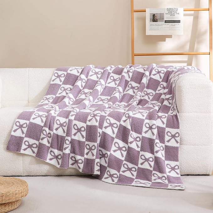 YIRUIO Purple Checkered Knit Throw Blanket - with Bow Pattern for Women Daughter & Son, 50x60 Size Ultra Soft Microfiber Reversible,Fluffy Fuzzy Cozy Throw for Bed, Sofa & Couch, Home Decor