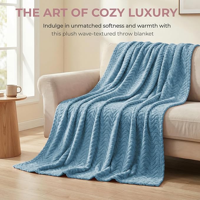 Exclusivo Mezcla Soft Fleece Throw Blanket for Couch, Cozy Lightweight Blankets with Decorative Wave Textured Suitable for All Season Use, Slate Blue, 50x70 Inches