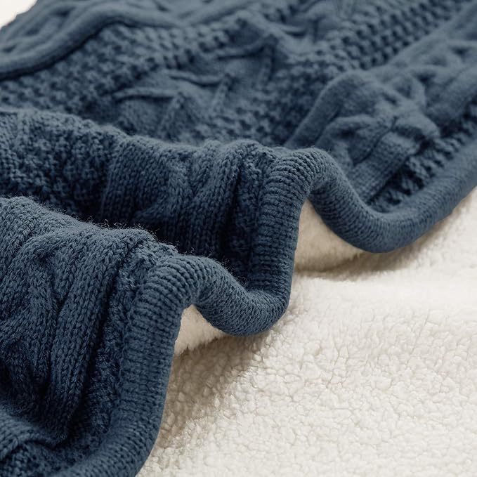 Longhui bedding Acrylic Cable Knit Sherpa Throw Blanket - Thick, Soft, Big, Cozy Grey Blue Knitted Fleece Blankets for Couch, Sofa, Bed - Large 50 x 63 Inches Gray Blue Coverlet All Season