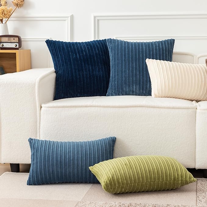 UGASA Striped Textured Velvet Corduroy Pillow Covers Decorative Europe Sham Throw Pillow Cushion Cover for Couch, 1 Pc, (61x61 cm, 24inch), Navy Blue