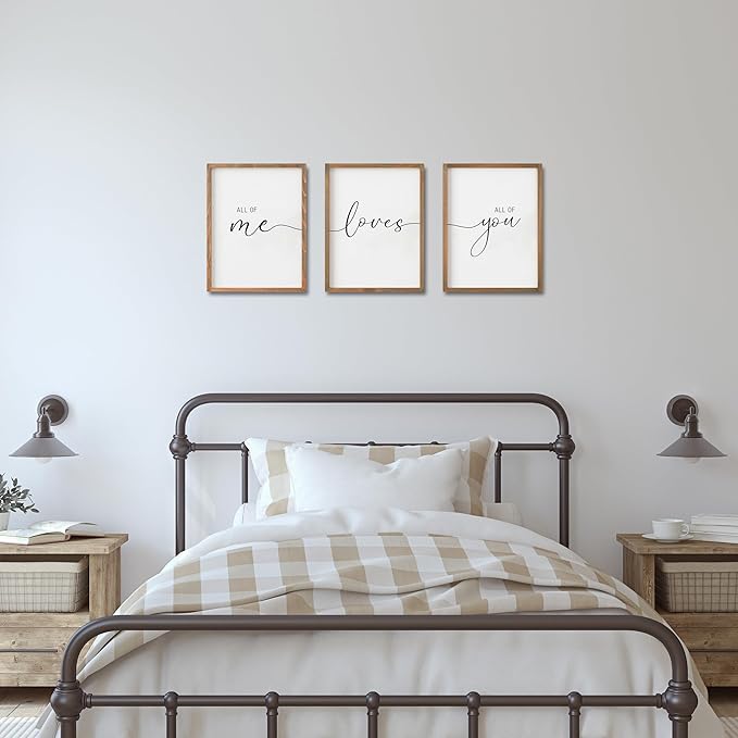Set of 3 Framed Farmhouse All of Me Loves All of You Sign 11x14” Above Bed Wall Decor for Bedroom Decor Wall Art Wood Signs (11x14, Brown)