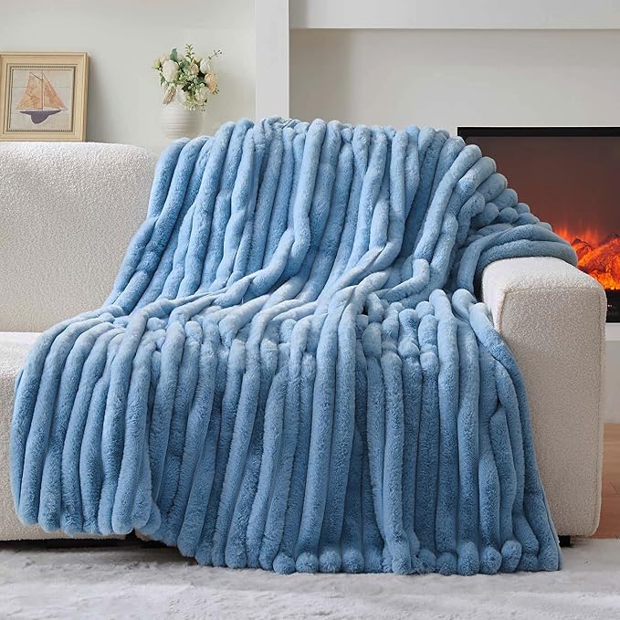Lotus Karen Faux Fur Throw Blanket - Stripe Faux Rabbit Fur Blanket for Couch, Cozy Soft Fluffy Fuzzy Blanket, Warm Thick Furry Plush Shaggy Small Blankets for Women, Blue,50x60 Inches
