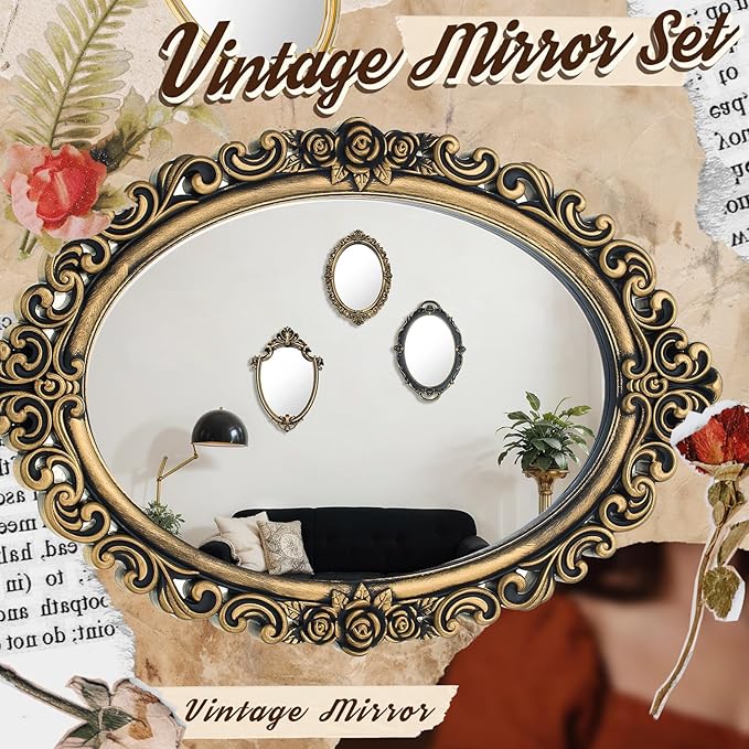 3 Styles Vintage Mirrors Set Decorative Oval Wall Mirror Small Antique Mirrored Tray Decorative Retro Hanging Mirror for Bathroom Bedroom Jewelry Organizer Victorian Decor(Antique Gold)