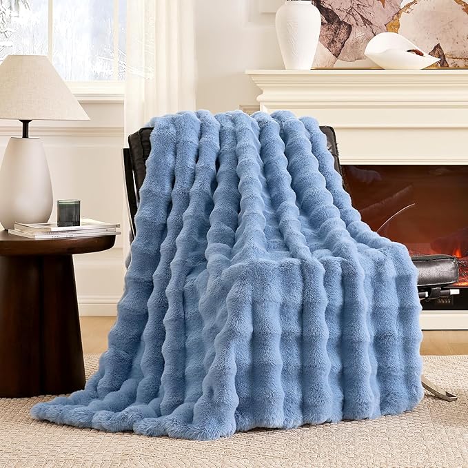 Cozy Bliss Faux Fur Bubble Throw for Couch, Fuzzy Soft Plush Thick Blanket for Sofa Bed Gift, 50x60 Inches Misty Blue