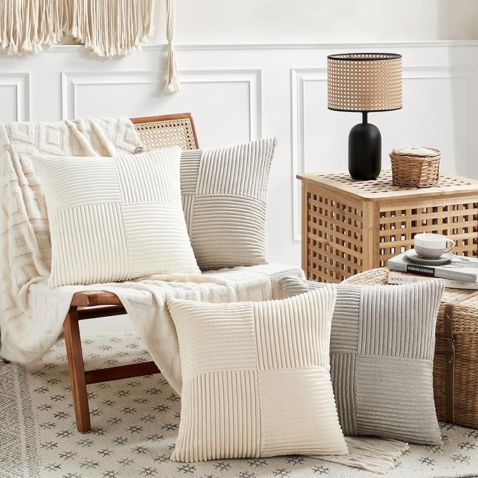 Fancy Homi 4 Packs Neutral Decorative Throw Pillow Covers 18x18 Inch for Living Room Couch Bed Sofa, Rustic Farmhouse Boho Home Decor, Soft Cross Striped Corduroy Patchwork Square Cushion Case 45x45cm