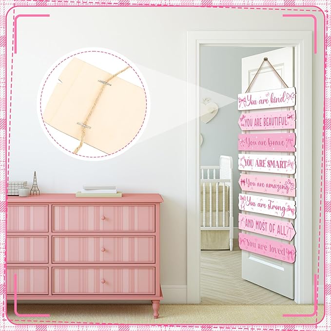Qunclay Inspirational Girl Room Decor Aesthetic Art Wall Hanging Sign Inspiring Colorful Rainbow Wooden Decoration for Kids Toddler Boy Baby Bedroom Nursery Dorm Decor, 6-12 Years (Pink Bow)