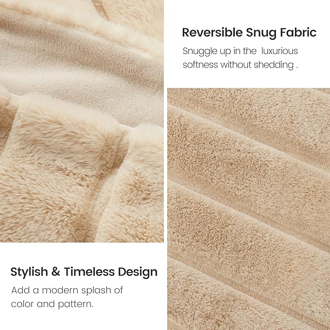 Cozy Bliss Deluxe Sheared Rabbit Faux Fur Throw Blanket, Soft Fuzzy High-Low Sculpted Plush Blanket for Couch, Cozy Home Accent, All Season Use, Khaki 50"x60"