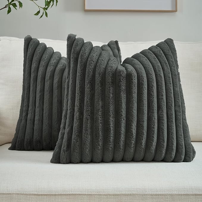 FUTEI Dark Grey Decorative Throw Pillow Covers Set of 2, 20x20 Inch Soft Fluffy Faux Fur Plush Striped Cushion Cases, Modern Home Decor for Couch Bed Living Room