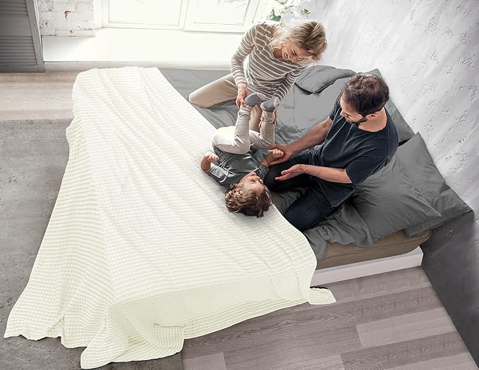 Utopia Bedding Ivory 100% Cotton Waffle Blanket 300 GSM [Queen - 90x90 Inch] Soft Lightweight Breathable Bed Blanket for All Season