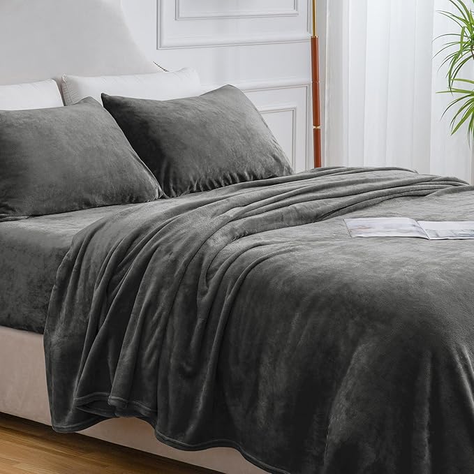 BEDELITE Flannel Sheets Twin Size Dark Gray - Super Soft Fleece Sheets Set Fluffy Extra Plush, 3 Piece(Include Fitted Sheet, Flat Sheet, 1 Pillowcase)