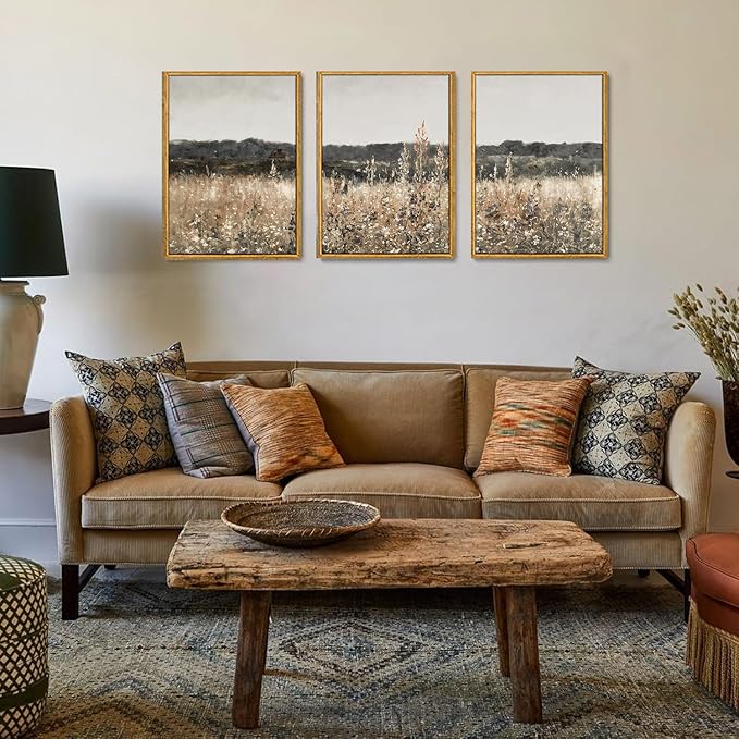 Wodkwq 3 Piece Vintage Landscape Canvas Wall Art Framed,Above Bed Wall Art,Farmhouse decor,Neutral Minimalist Wall Painting,Wildflower Art Prints For Living Room,Bedroom,Office 12x16in