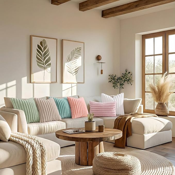 decorUhome Summer Cozy Faux Fur Throw Pillow Covers 24x24 Set of 2 Decorative Plush Striped Modern Farmhouse Boho Couch Euro Sham Pillow Cases with Velvet Back for Sofa Bed Living Room, Sage Green