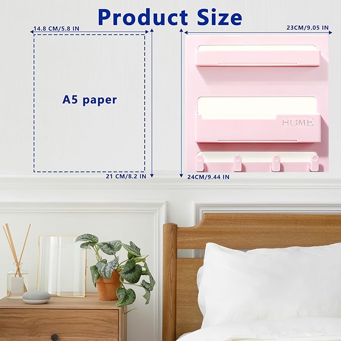 Bedside Shelf Wall Mount,Floating Bedside Adhesive Shelves Accessories,Wall Shelf Organizer and Storage for Bedroom,Camper,Dorm,Apartment-Phone,Earphone,Kindle,Remote Holder,Cable Clip,4 Hooks-Pink