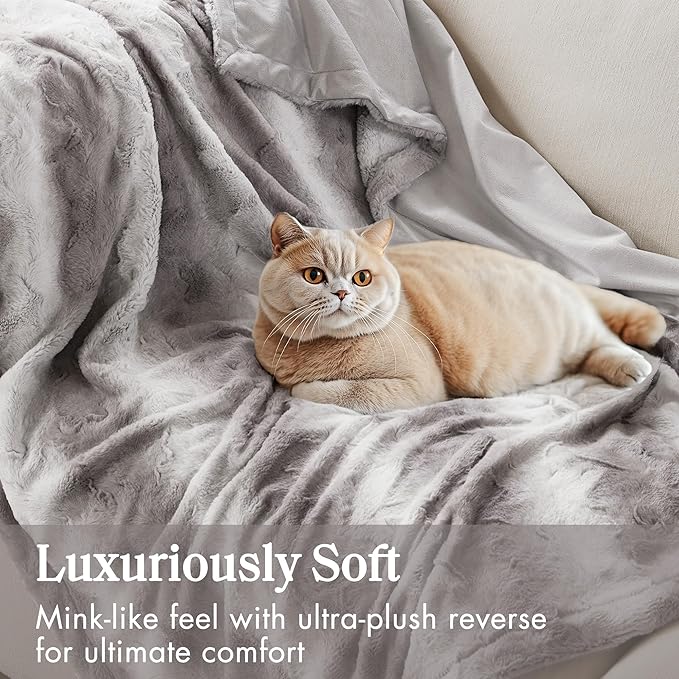 Madison Park Throw Blanket, Soft Faux Fur Blanket Plush Reversible Throw Home Decor, Luxuriously Soft All Seasons Fuzzy & Cozy Blanket, Knitted Throw for Couch, Bed Blanket, Zuri, 50x60 Grey