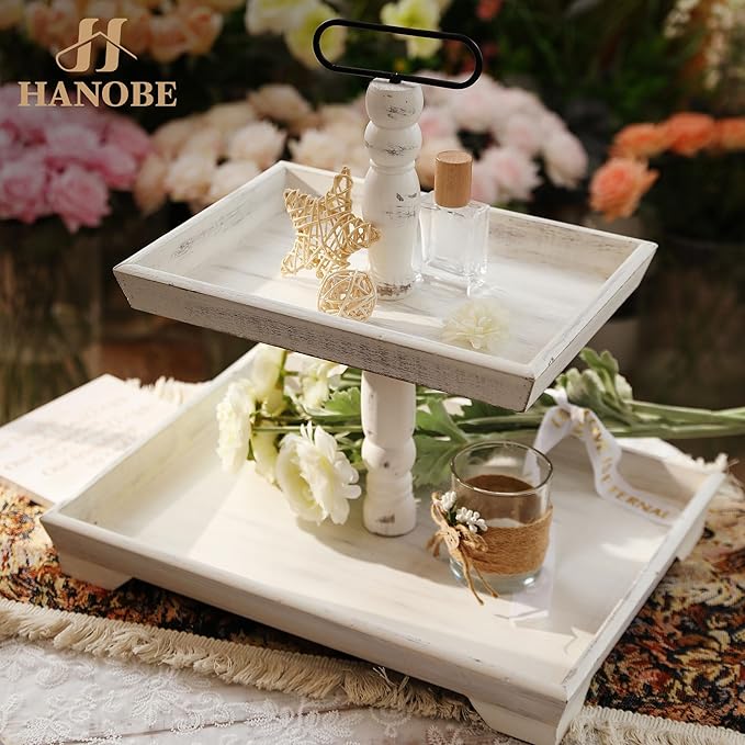 Hanobe Tiered Tray for Table Decor: Spring 2 Tier Decorative Tray Stand for Coffee Bar - Large Farmhouse White Display Stands for Holiday - Wood for Kitchen Counter Decorations