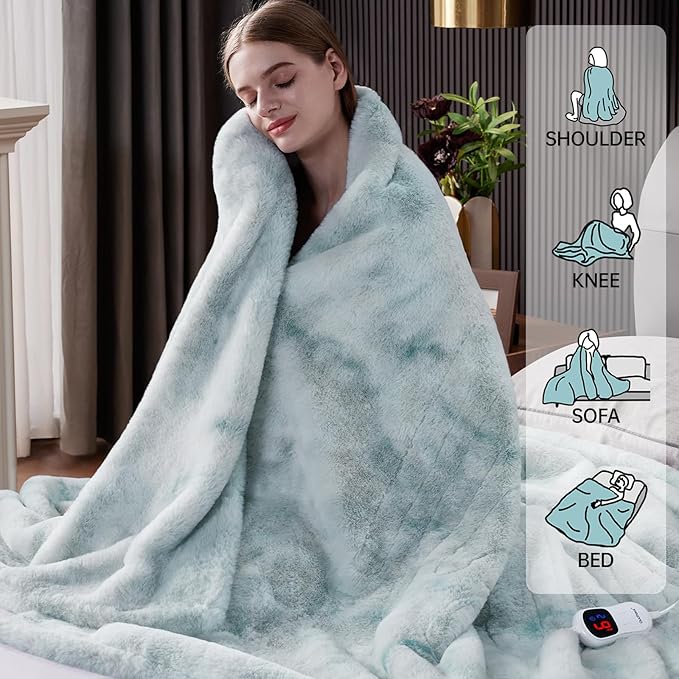 Guohaoi Heated Blanket Electric Throw, Soft Faux Rabbit Fur Electric Blanket with 10 Heating Levels 5 Sitting Timer Auto Off, Cozy Warm Heating Blankets, Machine Washable(72"×84" Blue)