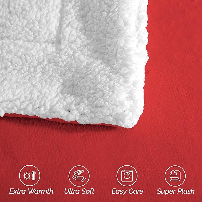 Elegant Comfort Ultra Soft Reversible Flannel Sherpa Blanket - Cozy Silky Fleece Throw for Couch, Bed - Plush Fuzzy Warm Winter Blanket for Gift, Full, Red