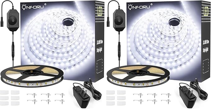 Onforu White LED Strip Lights, 32.8FT 6000K Super Bright Dimmable Tape Light Kit, 600 LEDs Daylight Easter Rope Light, 12V Flexible Strip Lighting for Mirror, Under Cabinet, Home, Bedroom (Pack of 2)