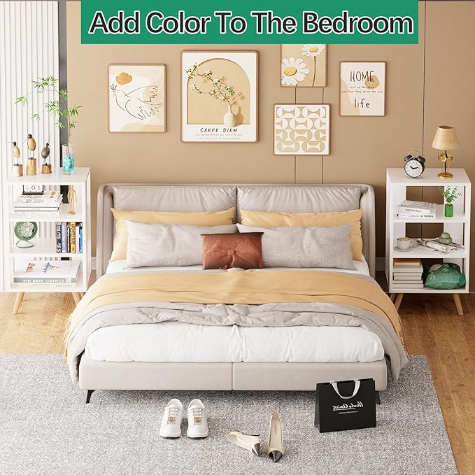 Night Stand, White Nightstand, Modern End Table with Open Storage, 3-Tier Wooden Bedside Table for Small Space, Living Room, Bedroom