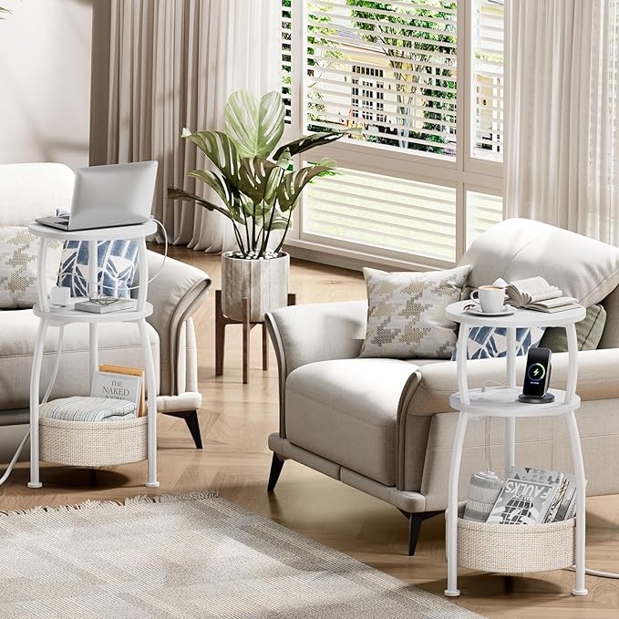 Round Side Table, 3-Tier End Table with Power Outlets, Small Table with Storage Basket, Coffee Table Sofa Side Table for Small Spaces, Nightstand for Living Room Bedroom 11.81in Matte White