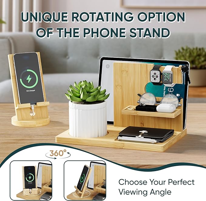 Valentine's Day Gifts for Men Wood Phone Docking Station with Separate Phone Stand, Bedside Desk Organiser and Key Holder Anniversary Birthday Presents for Dad Husband Boyfriend Son Natural