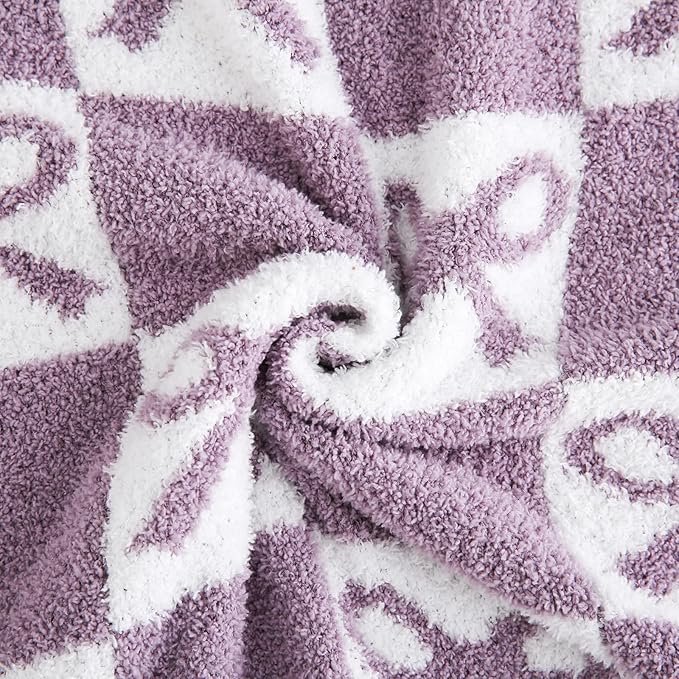 YIRUIO Purple Checkered Knit Throw Blanket - with Bow Pattern for Women Daughter & Son, 50x60 Size Ultra Soft Microfiber Reversible,Fluffy Fuzzy Cozy Throw for Bed, Sofa & Couch, Home Decor