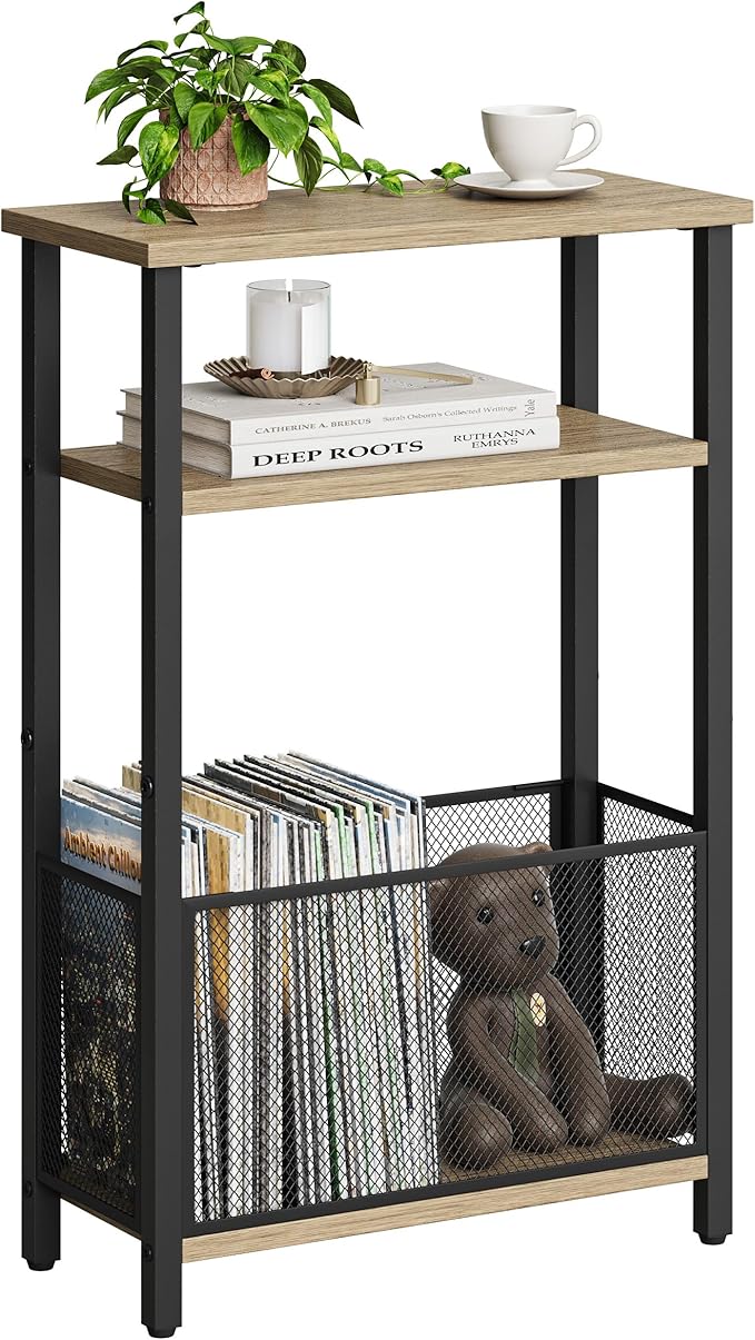 Narrow Side Table with Storage Basket Skinny End Tables for Smalls Spaces 3 Tier Sofa Table Small Nightstand Slim Bedside Table for Living Room Bedroom Greige MLBZ22GR