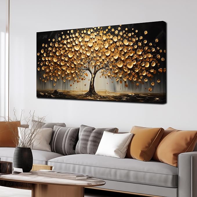 Tree Pictures Wall Decor for Bedroom Gold Wall Art for Office Dining Room Print Picture Living Room Wall Decor 24 x 48 Inch