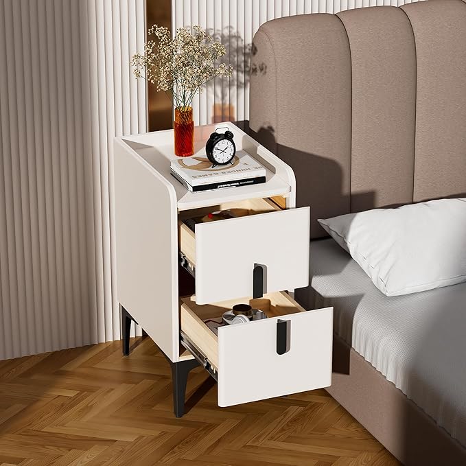 VICITON Narrow Nightstand with 2 Drawers, Narrow Side Table Leather Surface, Slim Bedside Table for Bedrooms, Dormitories, Living Rooms (Cream White, 15.7" D x 11.8" W x 22.4" H)