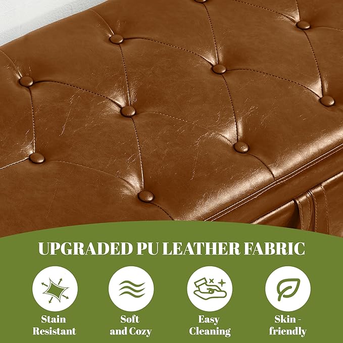48" PU Leather Storage Ottoman Benches for Bedroom,Tufted Ottomans with Storage for Living Room,Mid Century Modern Bench with Seating for Entryway,Window,Bedside (PU Brown, 48 inch)