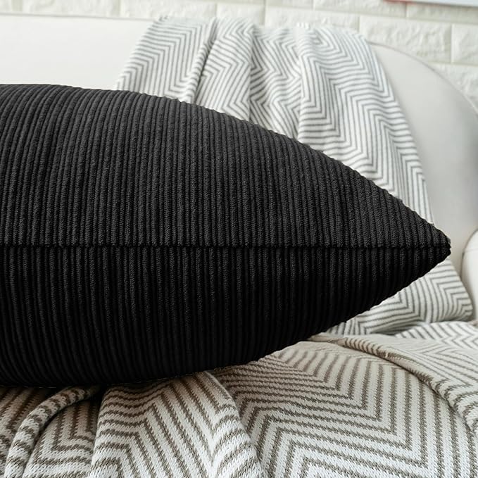HWY 50 Black Chenille Throw Pillow Covers 18x18 Inch with Triple Buttons, Soft Farmhouse Accent Decorative Cushion Cases for Couch Sofa Bed Living Room Bedroom Pack of 2