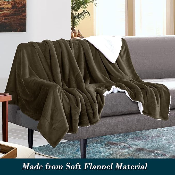 Mocassi Premium Ultra-Soft Flannel Fleece Sherpa Throw Blanket - Warm Cozy Reversible Plush Micromink Blanket for Couch, Bed and Sofa - Fluffy, Christmas Winter Bedding Gift, Twin, Brown