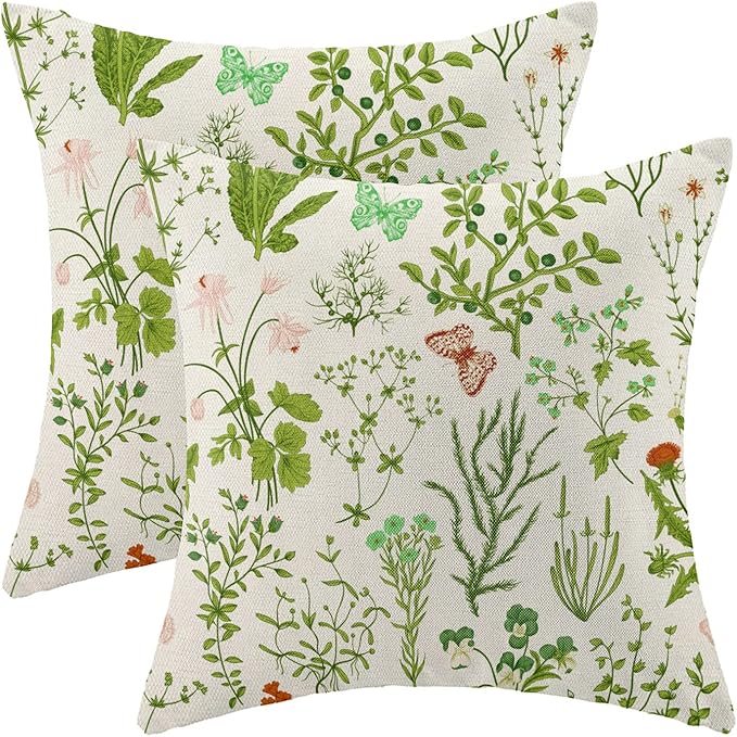 AEIOAE Summer Pillow Covers 18x18 Inch Set of 2,Green Wild Flower Plant Throw Pillows Case,Seasonal Floral Outdoor Decorative Square Linen Farmhouse Decor Cushion Covers for Home Sofa Bed Couch